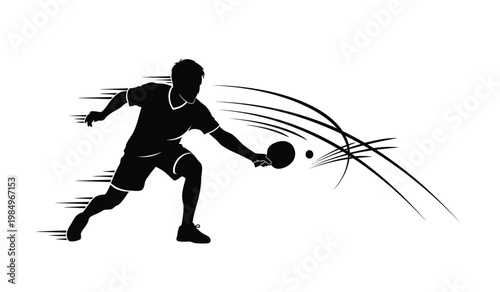 A dynamic illustration depicts a male athlete in mid swing preparing to return a ping pong ball presented as a striking silhouette high quality