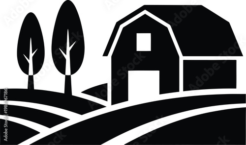 Black and white vector illustration of a barn and trees on a farm