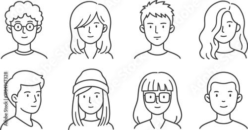 Vector illustration of eight diverse cartoon people with different hairstyles and expressions