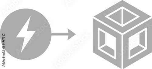 Vector graphic illustration of a lightning bolt being transferred into a 3d cube design