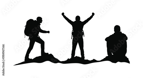 Set of 3 Hiker and Mountain Climber Silhouettes in Trekking, Summit Celebration and Resting Poses, Isolated on White