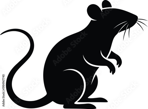 Black silhouette illustration of a mouse standing on its hind legs with a long tail and whiskers