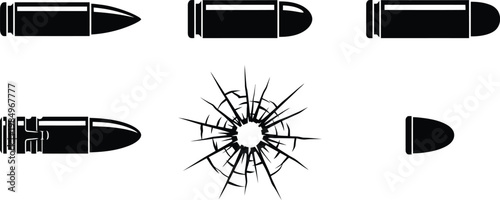 Vector graphic illustration of various bullet designs and a cracked surface