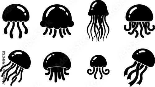 Black silhouette jellyfish icons set with varied tentacles and domed tops