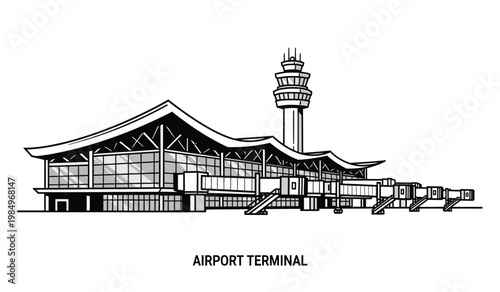 A detailed illustration depicts an airport terminal building with a control tower showcasing architectural lines and a striking silhouette high quality professional modern elegant