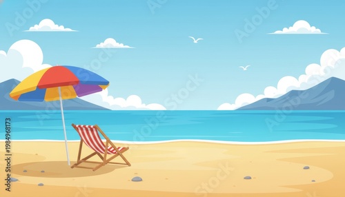 Summer Beach Vacation Scene with Umbrella and Chair Illustration