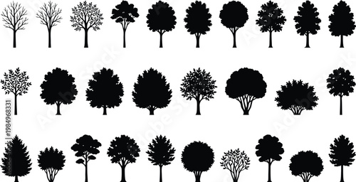 A collection of various tree silhouettes in different shapes and sizes for design and graphic use