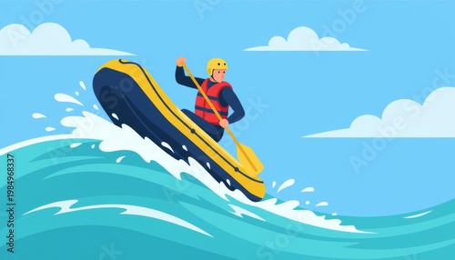 Man whitewater rafting on high waves vector illustration