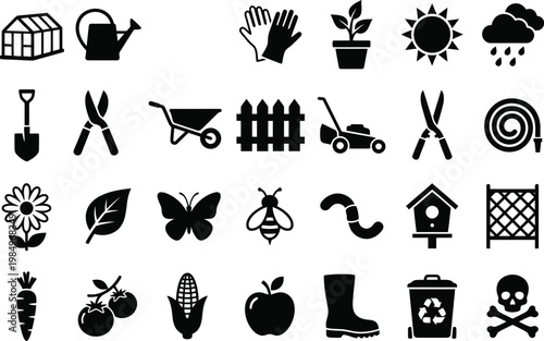 A collection of black vector icons depicting various gardening tools and symbols on a white background for design and illustration purposes.