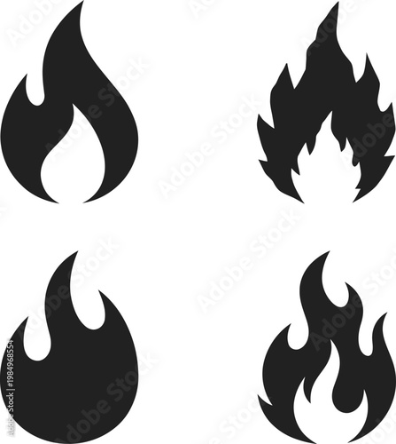 Vector graphic illustration of four black flame designs on white background