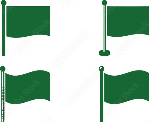 Vector illustration of various flag designs on poles in different styles and colors