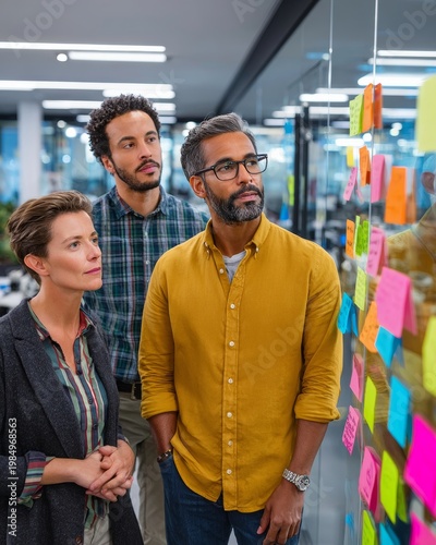 Diverse Team Collaborating Around Glass Board with Sticky Notes in Modern Startup Office