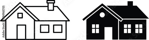 A set of nine different black and white vector house illustrations with various architectural styles and designs shown in a graphic format