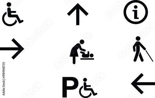 Vector graphic illustration of various accessibility and directional signs in a clean design
