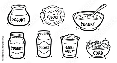 Set of 6 Hand-Drawn Yogurt and Dairy Product Doodle Icons Including Greek Yogurt, Curd and Bowl Variations, Isolated on White