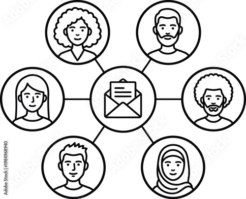 Vector graphic illustration of people connected through email communication
