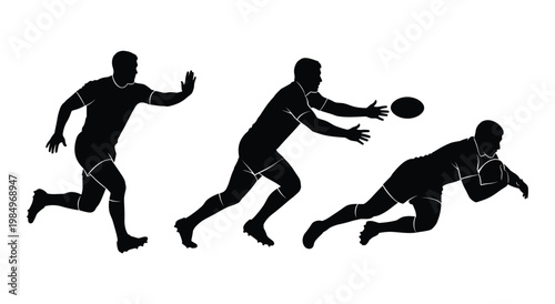 Quadro su tela Set of 3 Rugby Player Silhouettes in Running, Catching and Diving Poses, Isolate