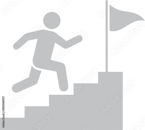 Vector graphic illustration of a person running up stairs to reach a flag on top of a staircase symbolizing achievement and success
