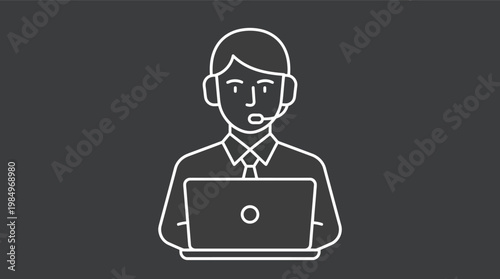 Vector graphic illustration of a customer service representative wearing a headset and working on a laptop computer with a professional and modern design