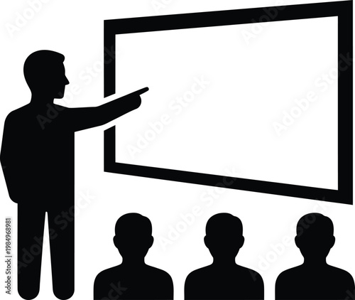 A man presenting on a large screen to an audience of three people in a vector graphic illustration
