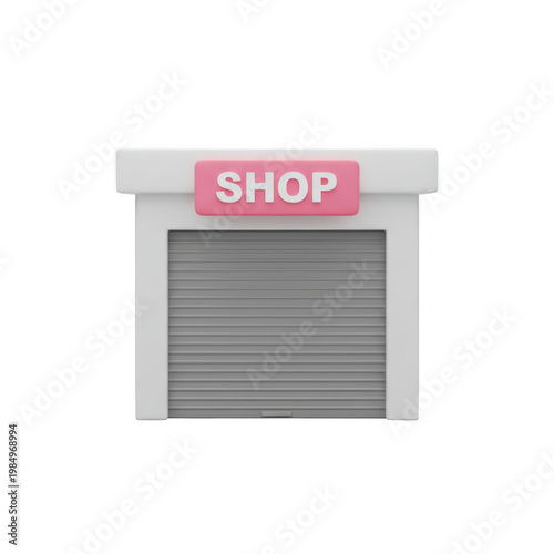 Illustration of a closed shop with a red sign and gray shutter isolated on transparent background