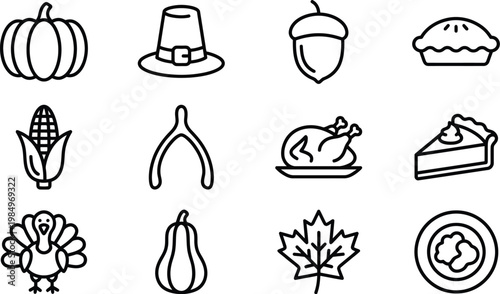 Thanksgiving icons featuring a variety of traditional holiday symbols, including a pumpkin, pilgrim hat, acorn, pie, corn, wishbone, roasted turkey, and more.