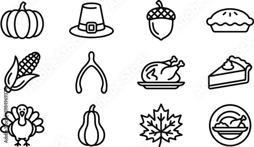 Thanksgiving icons including pumpkin, turkey, pie, and leaves in a vector graphic illustration for fall and harvest themes