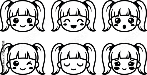 Black and white line art girl face with six different cartoon expressions vector
