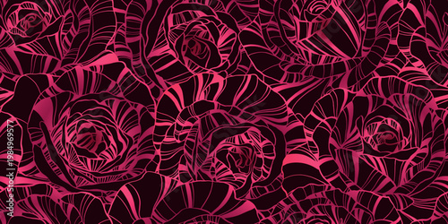 Luxury background with outline roses flowers, buds and leaves seamless pattern. Hand drawn botanical elegant roses flower in line art style. Vector card, wedding invitation, wallpaper, cover