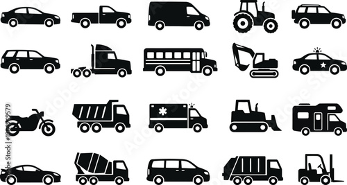 Black and white vector illustration of various vehicles and machines