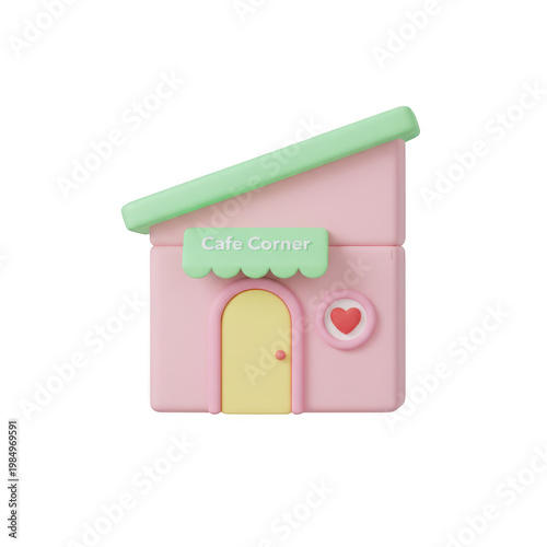 Cute cartoon house with a green roof and pink walls isolated on transparent background