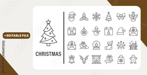 Christmas line icon set. Editable Stroke. Xmas, gift, santa, christmas tree, snowflake, angel, santa nat - stock vector.