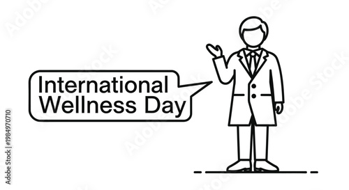 Line art illustration of a doctor presenting International Wellness Day message