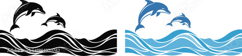 Dolphin icon set featuring jumping marine mammals with ocean wave symbols in blue and black styles. Aquatic animal silhouettes represent nature sea life and summer vacation. Vector illustration.