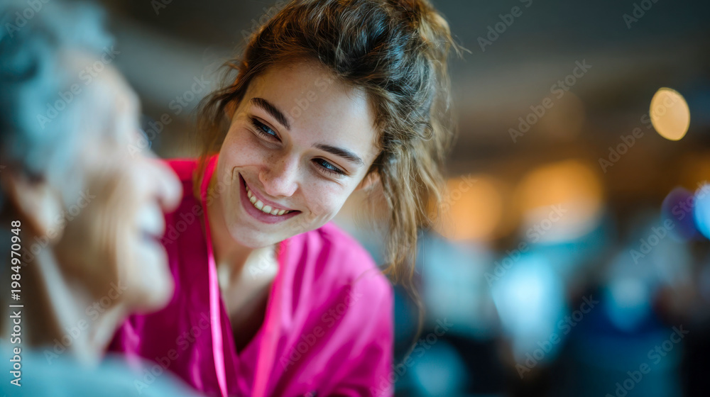 Fototapeta premium Smiling young nurse sharing a warm moment with an elderly patient in a bright care setting