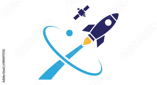 A stylized rocket launching into orbit around a planet with a satellite