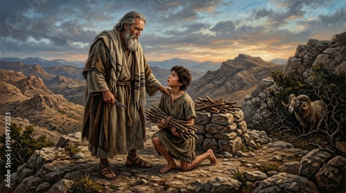 Abraham and Isaac Prepare for Sacrifice in Wilderness Landscape