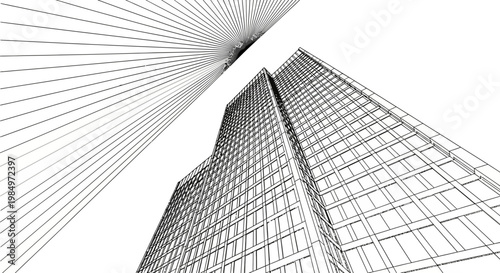 An abstract architectural rendering showcases sharp angular lines forming the outline of a modern skyscraper presented as a silhouette high quality professional detailed elegant