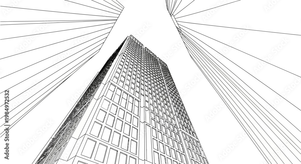 Fototapeta premium A low angle black and white line drawing depicts a tall building rising towards a converging perspective creating a dramatic silhouette high quality professional