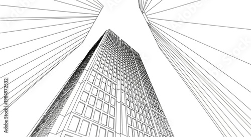 A low angle black and white line drawing depicts a tall building rising towards a converging perspective creating a dramatic silhouette high quality professional