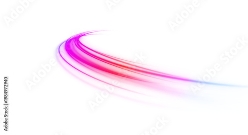 Dynamic neon light trails with shimmering lines and motion blur on a dark background. Shiny bright purple glowing curved line with magical light effect. 