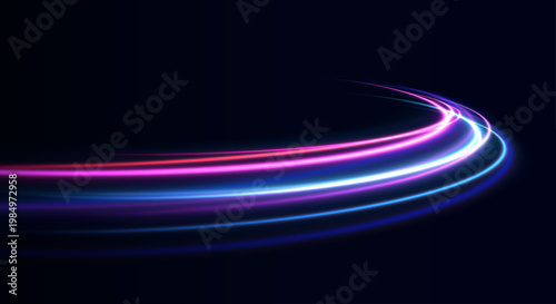 Dynamic neon light trails with shimmering lines and motion blur on a dark background. Shiny bright purple glowing curved line with magical light effect. 