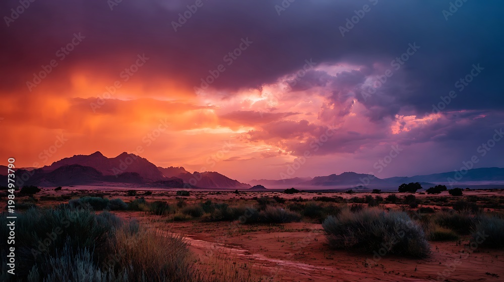 Obraz premium Dramatic sunrise over wild grassland with stormy clouds and mountain silhouette in golden hour lighting