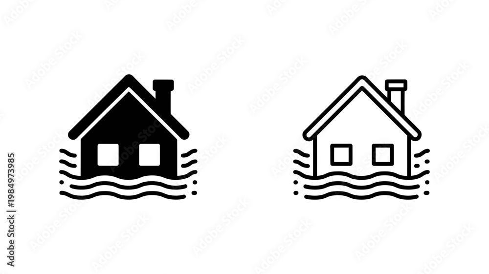 Fototapeta premium Two distinct graphic icons displaying a home structure experiencing significant flooding damage due to rising water levels.