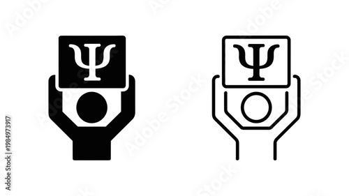 Two stylized human figures hold up signs featuring the Greek letter Psi, representing psychology.