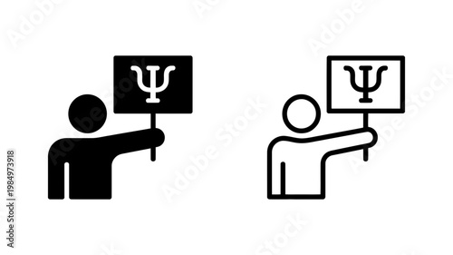 Silhouetted individuals hold placards bearing the psychology symbol Psi in two distinct visual styles.