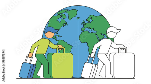 Two diverse travelers, one colored and one outlined, stand with suitcases before a large world globe.