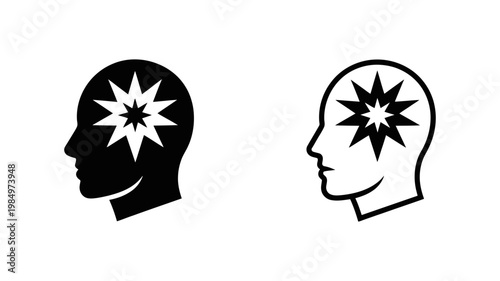 Two side-profile head icons featuring a prominent starburst inside, one solid black and one outlined.