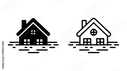 A pair of clean, minimalist house icons representing stable and secure residential property on dry ground.