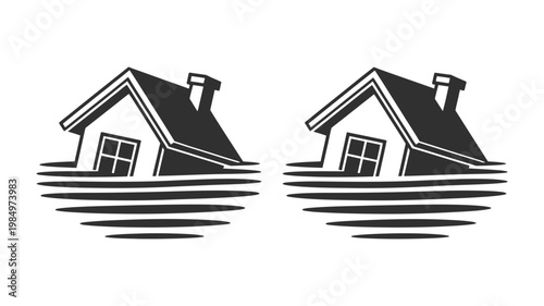 Two striking monochrome illustrations portraying a residential house sinking into rapidly rising floodwaters.